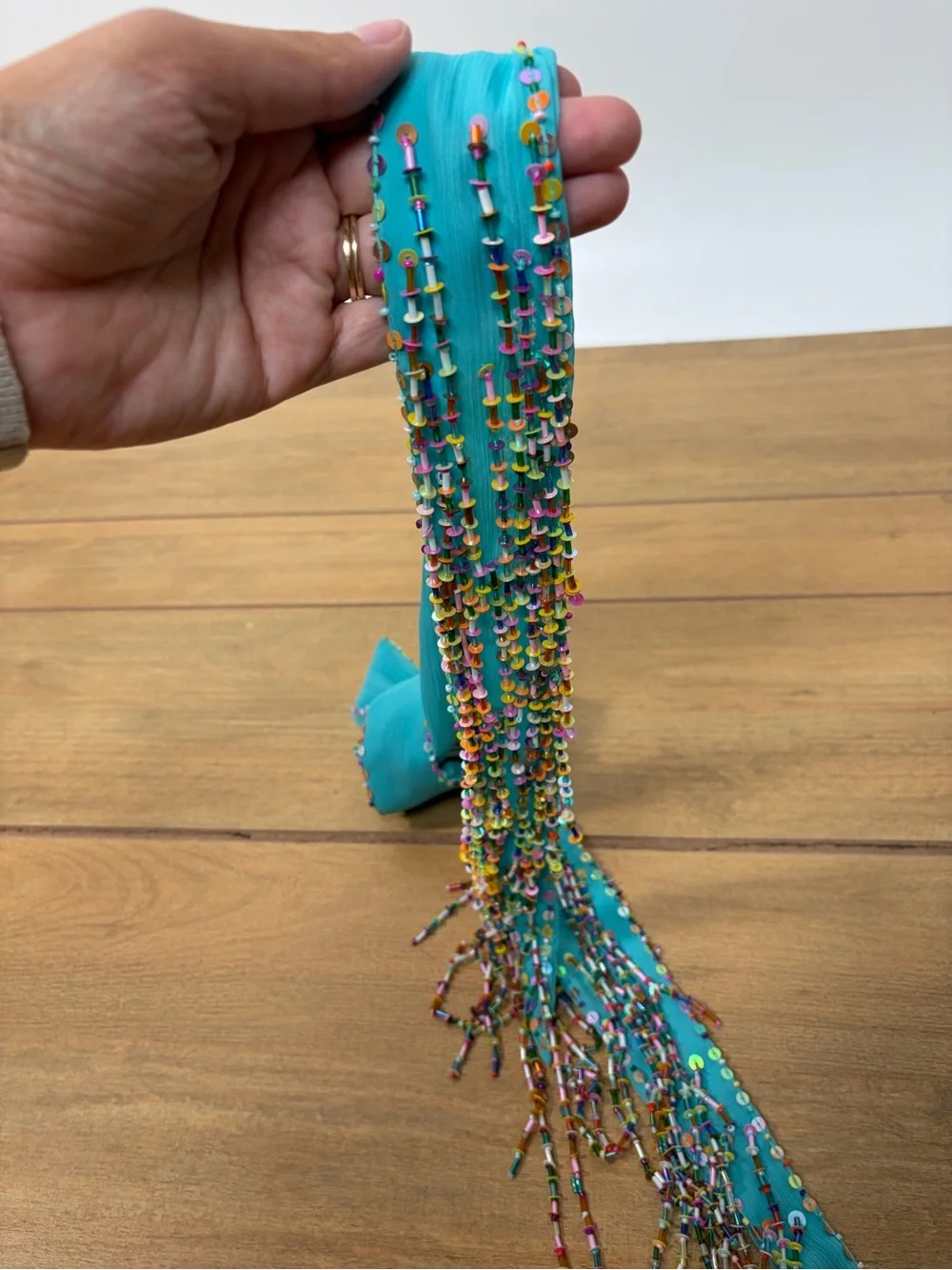Vintage Y2K Beaded Skinny Scarf Turquoise Rainbow Beads Scarf/Belt NWT